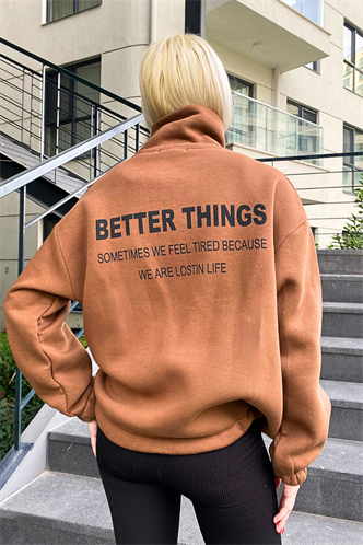 Kahverengi Dik Yaka Fermuarlı Kadın Sweatshirt MG1935
