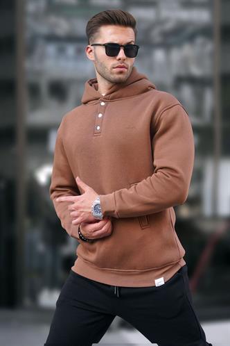 Kahverengi Kapüşonlu Düğme Detaylı Sweatshirt 6150