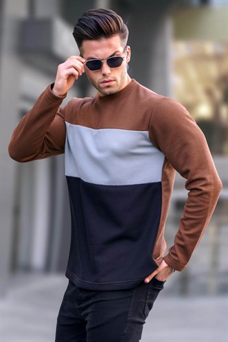 Kahverengi Renk Bloklu Bisiklet Yaka Sweatshirt 6015