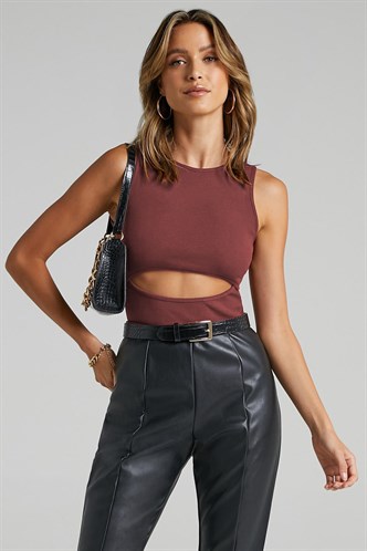 Kahverengi Yırtık Detaylı Basic Bodysuit