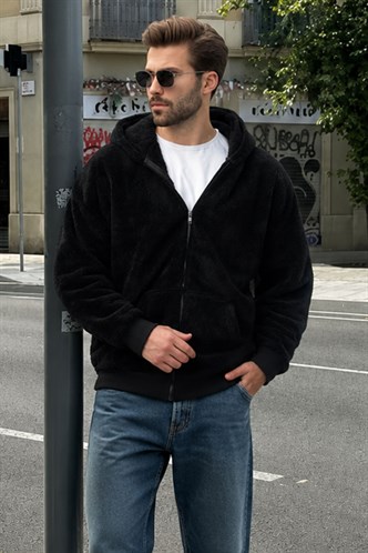 Siyah Peluş Over Fit Kapüşonlu Fermuarlı Erkek Sweatshirt 6049