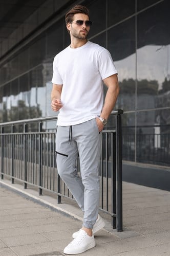 Boyalı Gri Fermuar Detaylı Paraşüt Jogger Pantolon 