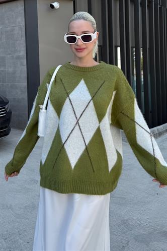 Yağ Yeşili Bisiklet Yaka Geometrik Desen Kadın Kazak Mg2471