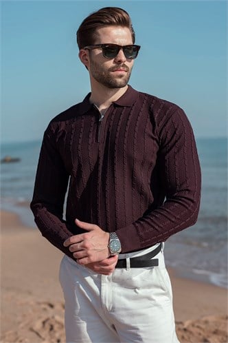 Mürdüm Polo Yaka Örgü Desenli Triko Erkek Kazak E7507