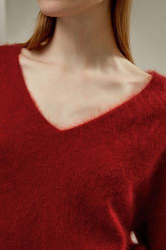 Kırmızı V Yaka Yumuşak Dokulu Kadın Kazak Mg2499