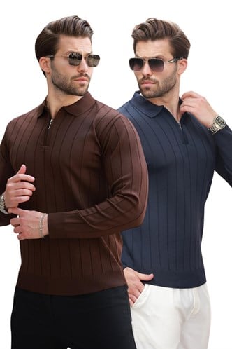 Kahverengi/Lacivert Polo Yaka Fermuarlı Örme Kazak 2Li Set 7242