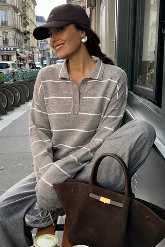Bej Çizgili Polo Yaka Kadın Triko Kazak MG2470