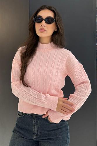 Pembe Yarım Balıkçı Yaka Örgülü Triko Kadın Kazak MG2257