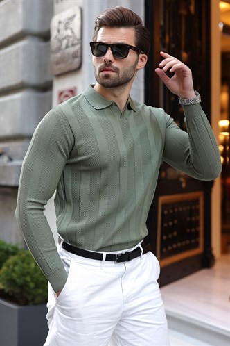 Haki Regular Fit Polo Yaka Triko Erkek Kazak E7509