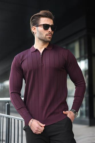 Bordo Polo Yaka Fermuarlı Örme Kazak 7242
