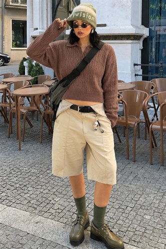 Vizon Saç Örgülü Polo Yaka Kadın Kazak Mg2310