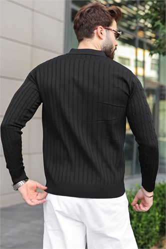 Siyah Polo Yaka Saç Örgü Desenli Erkek Triko Kazak E7519