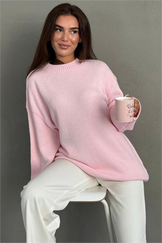 Pembe Bisiklet Yaka Oversize Uzun Kadın Triko Kazak MG2890