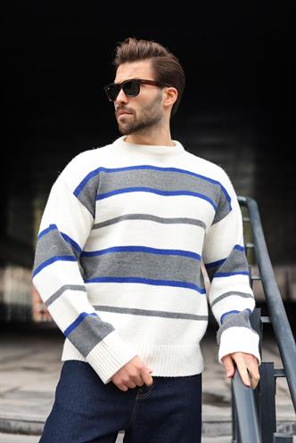 Kemik Rengi Çizgili Bisiklet Yaka Triko Erkek Kazak E7455