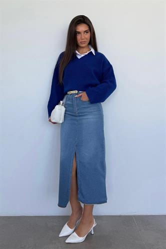 Saks V Yaka Triko Kadın Kazak Mg2501