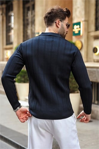 Koyu Lacivert Polo Yaka Desenli Over Fit Erkek Triko Kazak E7517