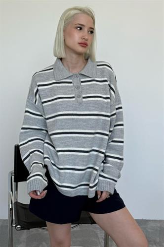 Gri Polo Yaka Çizgili Kadın Triko Kazak Mg2469