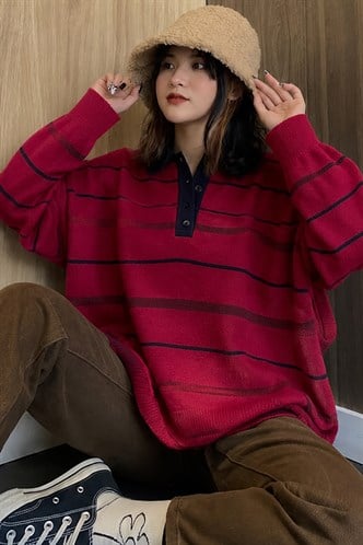 Bordo Çizgili Polo Yaka Kadın Kazak Mg2476