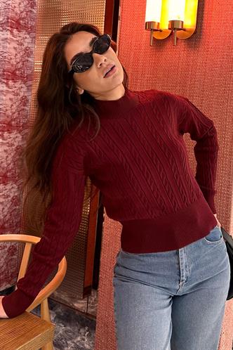 Bordo Yarım Balıkçı Yaka Örgülü Triko Kadın Kazak MG2257
