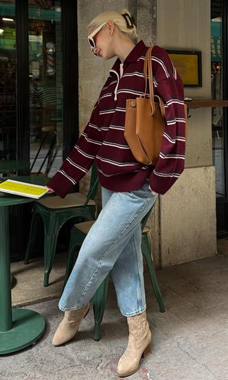 Madmext Bordo Çizgili Düğmeli Polo Yaka Kazak Mg2357