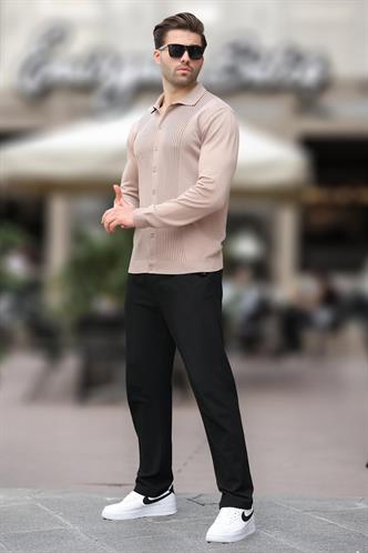 Bej Polo Yaka Çizgili Düğme Detaylı Erkek Kazak 7281