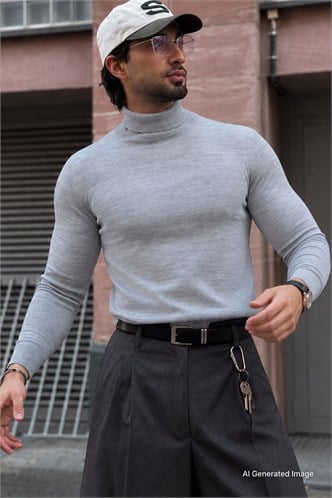 Madmext Men Turtleneck Gray Sweater 4656