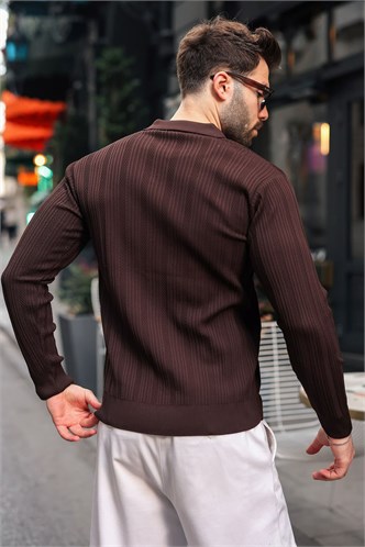 Kahverengi Polo Yaka Desenli Over Fit Erkek Triko Kazak E7517