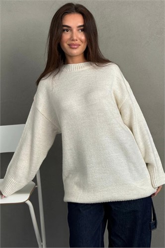 Ekru Bisiklet Yaka Oversize Uzun Kadın Triko Kazak MG2890