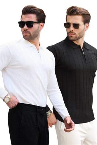 Siyah/Beyaz Polo Yaka Fermuarlı Örme Kazak 2Li Set 7242