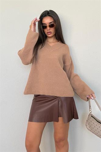 Camel V Yaka Triko Kadın Kazak Mg2501