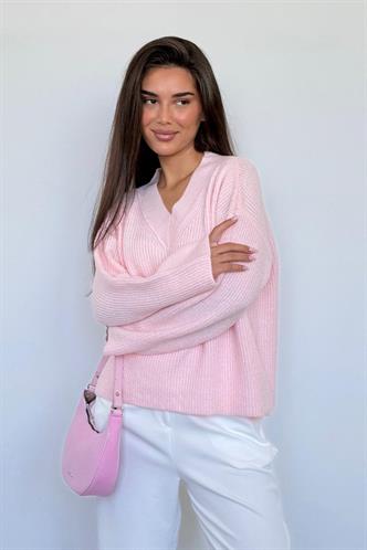 Pembe V Yaka Triko Kadın Kazak Mg2501