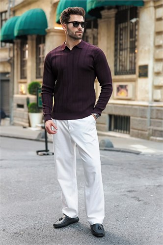 Mürdüm Polo Yaka Desenli Over Fit Erkek Triko Kazak E7517