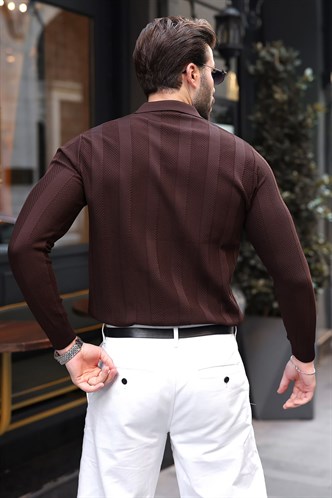 Kahverengi Regular Fit Polo Yaka Triko Erkek Kazak E7509