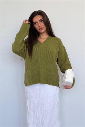 Yağ Yeşili V Yaka Triko Kadın Kazak Mg2501
