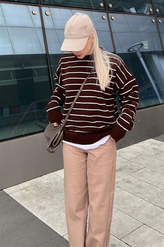 Kahverengi Çizgili Kadın Triko Kazak MG1262