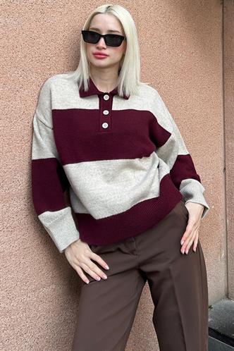 Bordo Düğmeli Polo Yaka Çizgili Kadın Kazak Mg2286