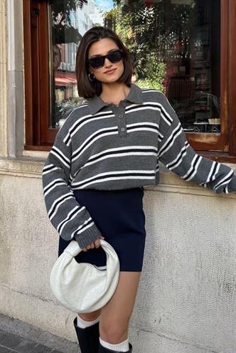 Antrasit Polo Yaka Çizgili Kadın Triko Kazak Mg2469