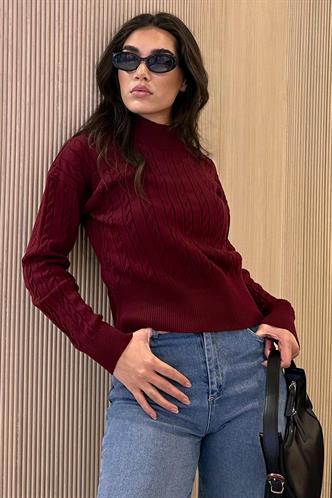 Bordo Yarım Balıkçı Yaka Örgülü Triko Kadın Kazak MG2257