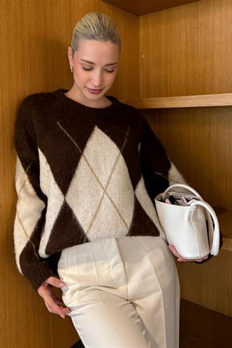 Kahverengi Bisiklet Yaka Geometrik Desen Kadın Kazak Mg2471