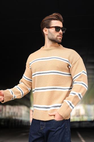 Camel Çizgili Triko Erkek Kazak E7457