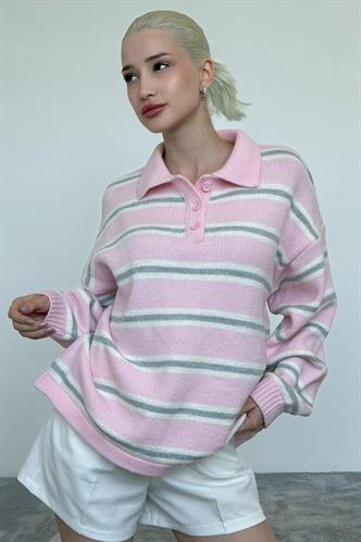 Pembe Polo Yaka Çizgili Kadın Triko Kazak Mg2469