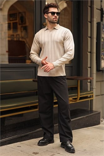 Taş Rengi Polo Yaka Desenli Over Fit Erkek Triko Kazak E7517