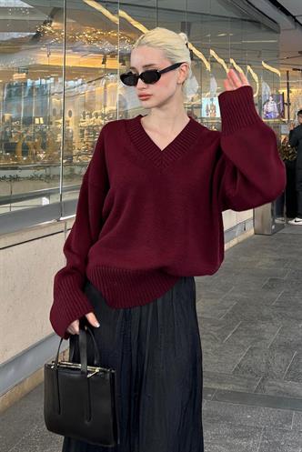Koyu Bordo V Yaka Oversize Kadın Triko Kazak MG2149