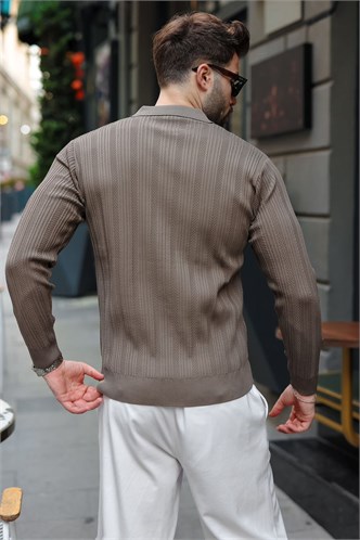 Açık Kahve Polo Yaka Desenli Over Fit Erkek Triko Kazak E7517
