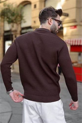 Kahverengi Polo Yaka Yarım Fermuarlı Dokulu Erkek Triko Kazak E7510