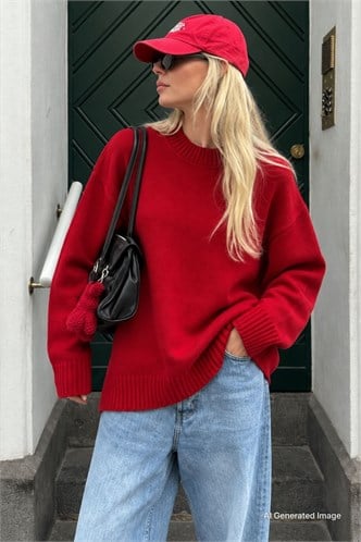 Kırmızı Bisiklet Yaka Oversize Uzun Kadın Triko Kazak MG2890