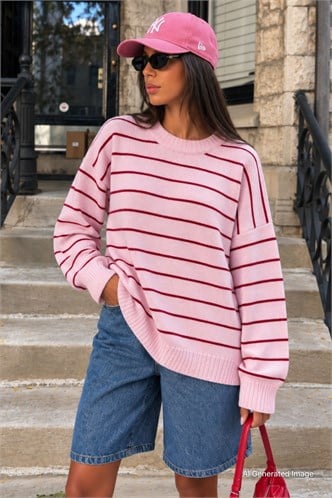 Pembe Çizgili Kadın Triko Kazak MG1262