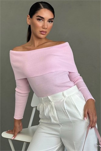 Pembe Madonna Yaka Uzun Kollu Triko Kazak MG2184