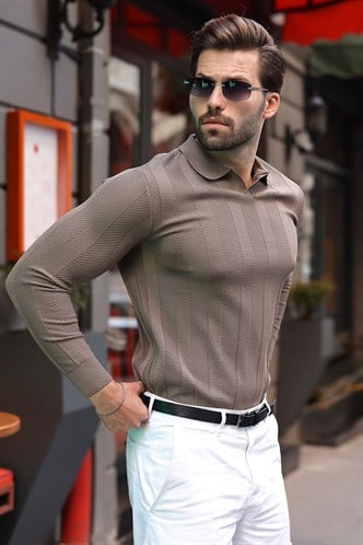 Açık Kahverengi Regular Fit Polo Yaka Triko Erkek Kazak E7509