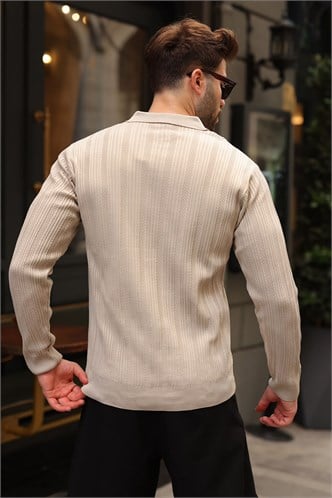 Taş Rengi Polo Yaka Desenli Over Fit Erkek Triko Kazak E7517